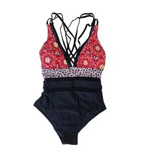 NEW Floral Leopard Swimsuit Strappy One Piece XL 16 18 Mesh Plunge Boho Festival